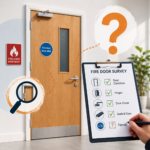 Flat entrance fire door with inspection checklist highlighting common FD30 compliance issues after a fire door survey.