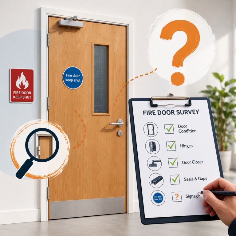 Flat entrance fire door with inspection checklist highlighting common FD30 compliance issues after a fire door survey.