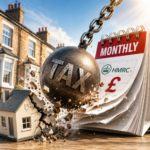 Wrecking ball labelled TAX smashing a model house beside an HMRC monthly tax calendar, illustrating proposed monthly tax payments for landlords.