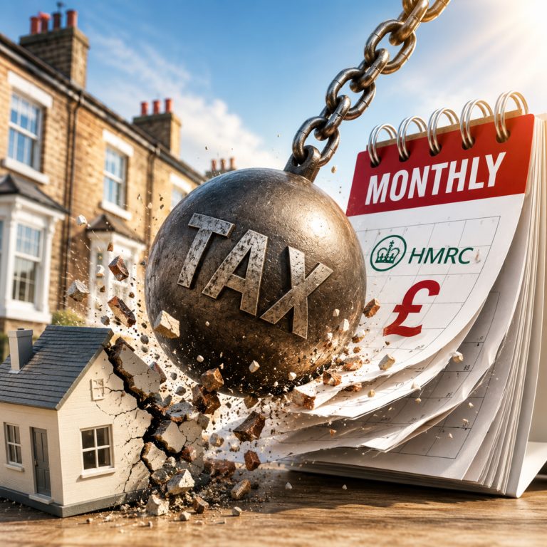 Wrecking ball labelled TAX smashing a model house beside an HMRC monthly tax calendar, illustrating proposed monthly tax payments for landlords.