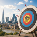 Target board with “Affordable Homes” bullseye overlooking the London skyline, illustrating the capital’s missed housing targets.