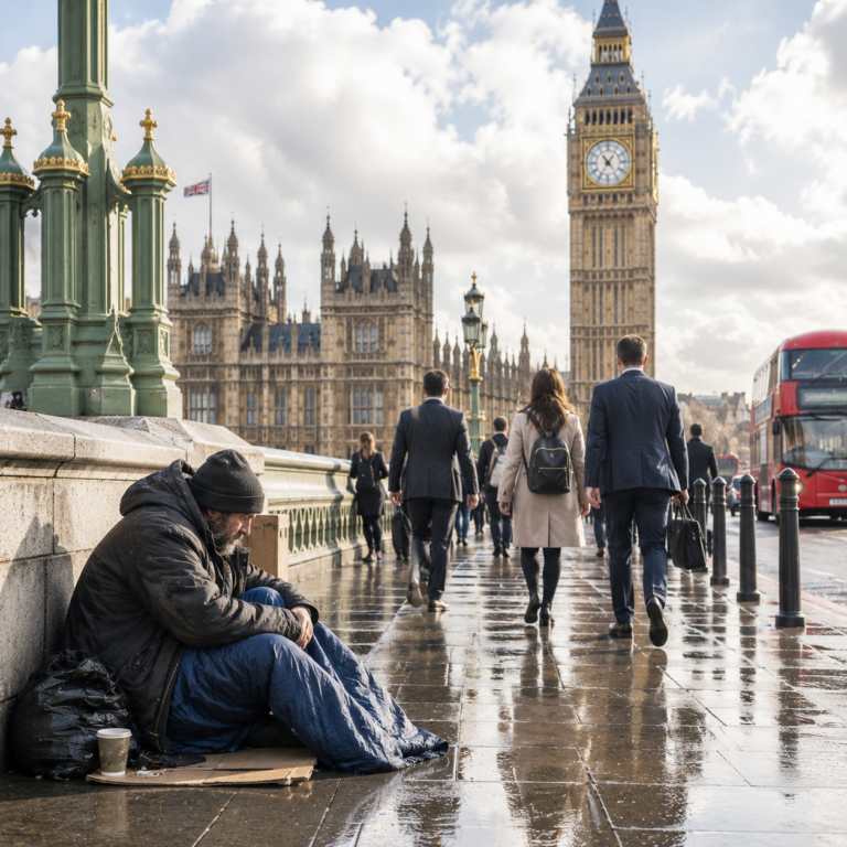Person experiencing homelessness on Westminster Bridge as commuters pass the Houses of Parliament in London, illustrating England’s housing crisis.
