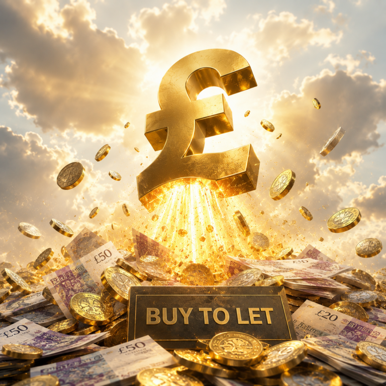 Golden pound symbol above cash and coins illustrating growth in UK buy-to-let lending and landlord investment.