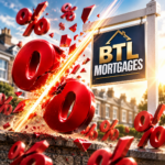 Buy-to-let mortgage rates cut as percentage symbols fall above UK homes, highlighting new landlord mortgage deals.