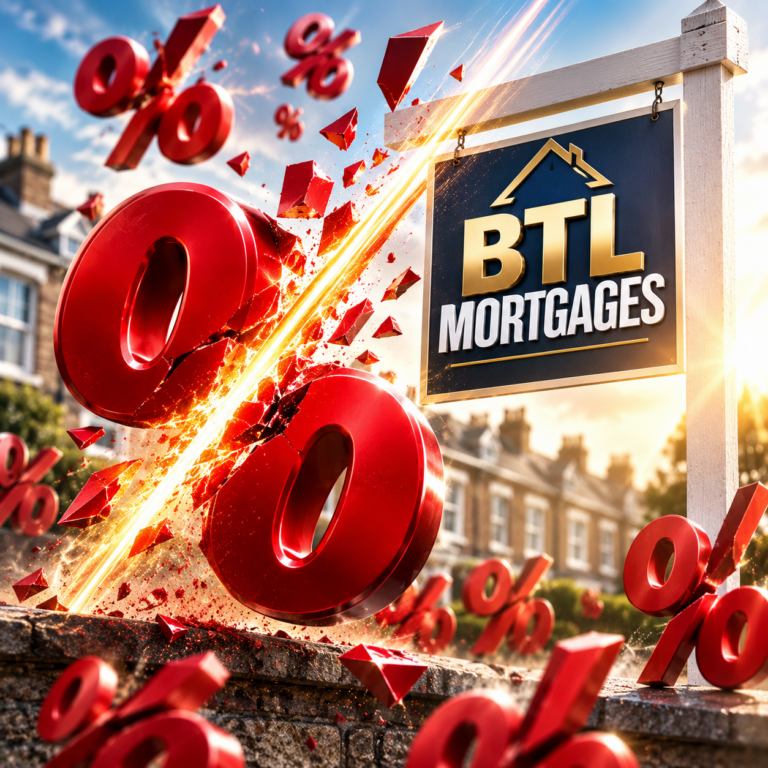 Buy-to-let mortgage rates cut as percentage symbols fall above UK homes, highlighting new landlord mortgage deals.