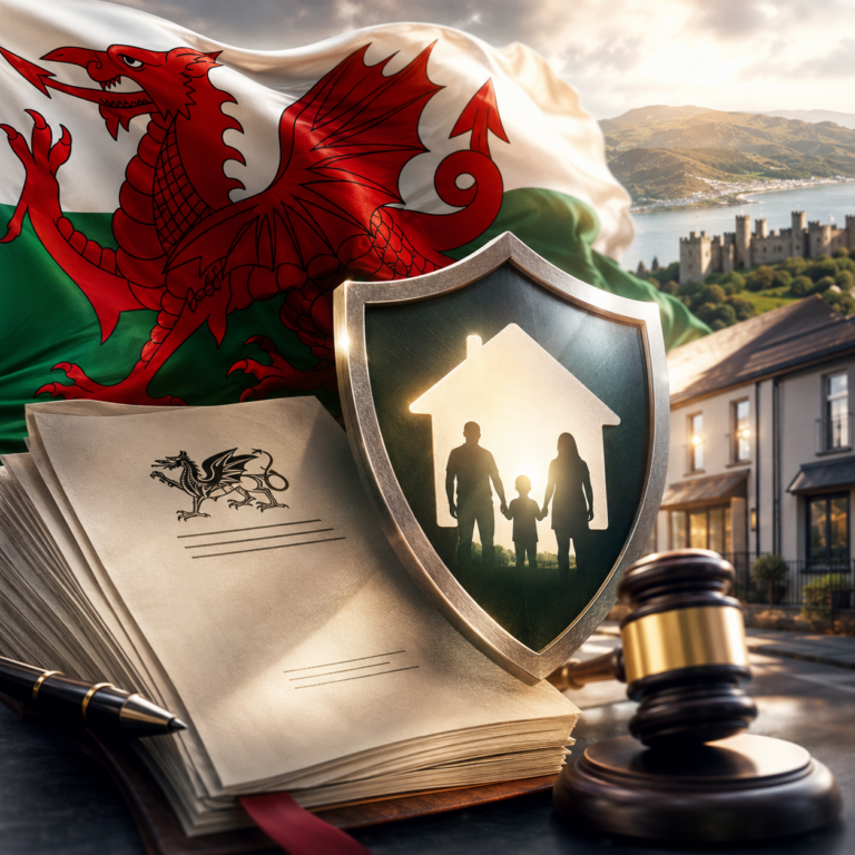 Welsh tenant rights legislation concept showing Wales flag, legal documents, family protection shield and housing justice.