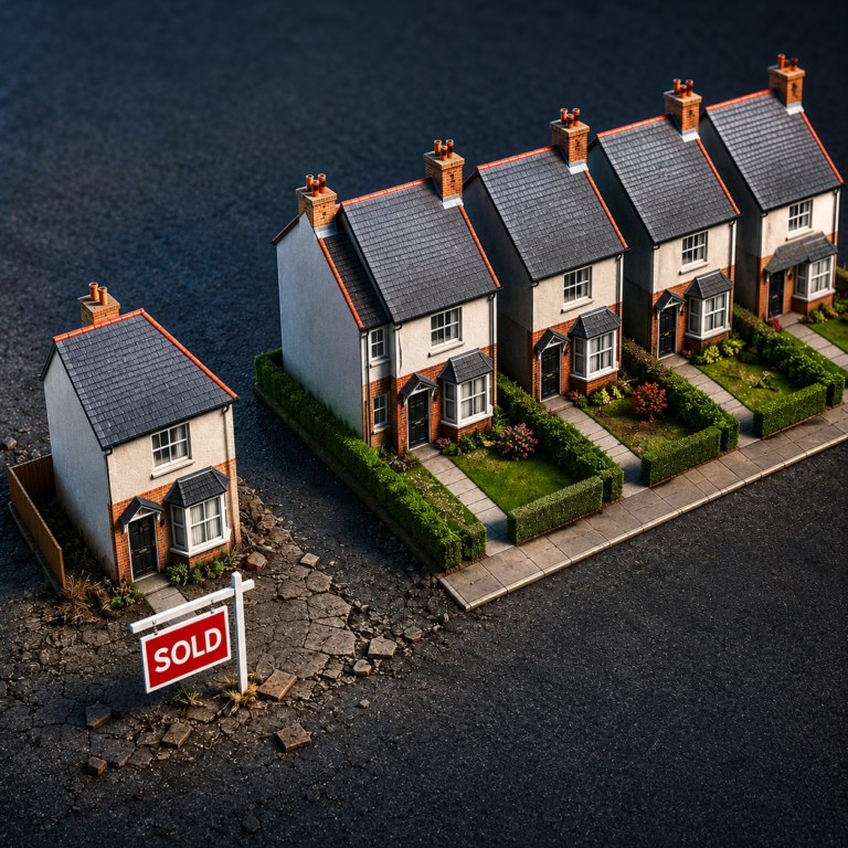 Sold sign outside a former rental home alongside occupied houses, illustrating landlords leaving the private rented sector.