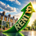 Rising UK rental prices illustrated by a green rent arrow with a pound symbol in front of rental homes