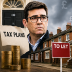 Andy Burnham with tax plans, coins and rental homes illustrating proposed property tax changes affecting landlords
