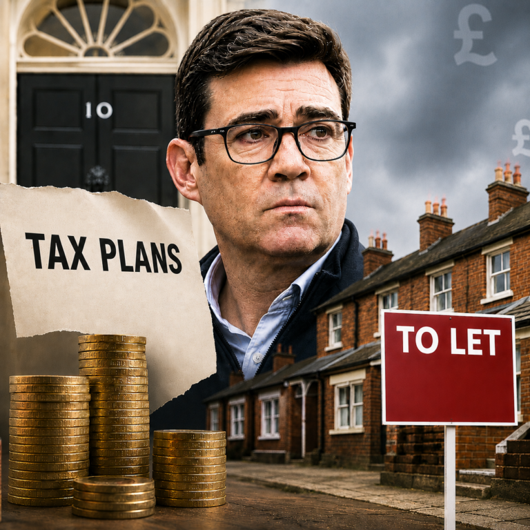 Andy Burnham with tax plans, coins and rental homes illustrating proposed property tax changes affecting landlords