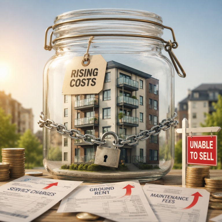 Leasehold apartment block trapped by rising service charges, ground rent and maintenance costs, highlighting difficulties selling flats.