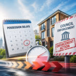 Calendar highlighting possession delays with council enforcement sign outside rental property, illustrating UK landlord regulatory changes.