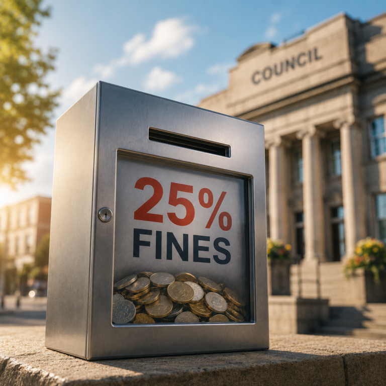 Collection box showing 25% of landlord fines outside a council building, illustrating low fine recovery by English councils.