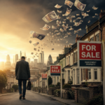 Landlord walks past London homes with for sale signs as rising costs push rental property sales.