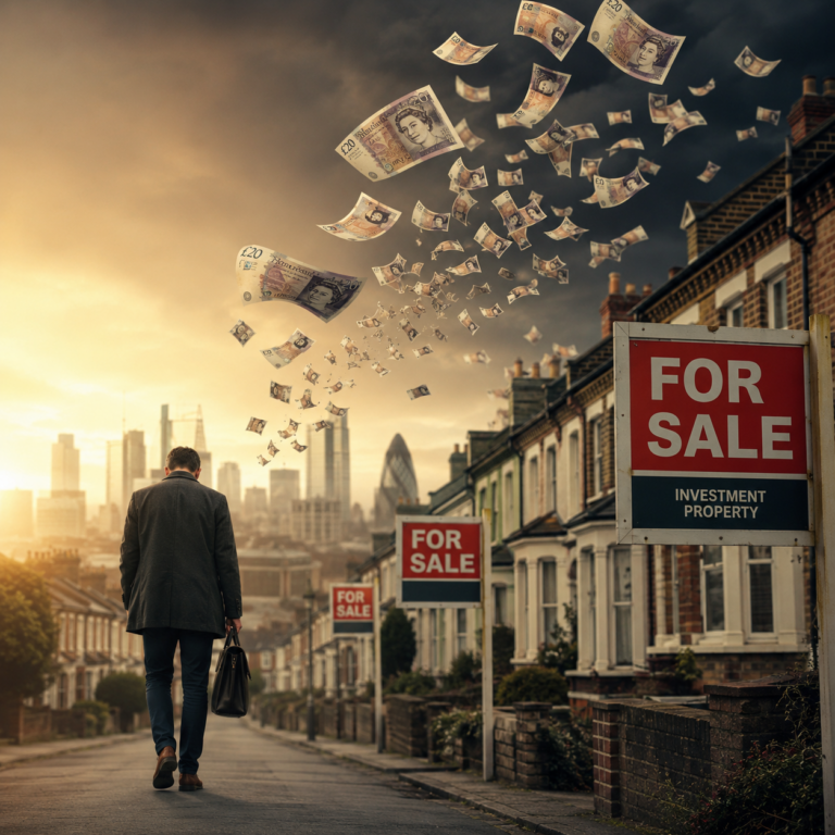 Landlord walks past London homes with for sale signs as rising costs push rental property sales.