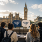 Students discuss the Renters’ Rights Act outside the Palace of Westminster in London.