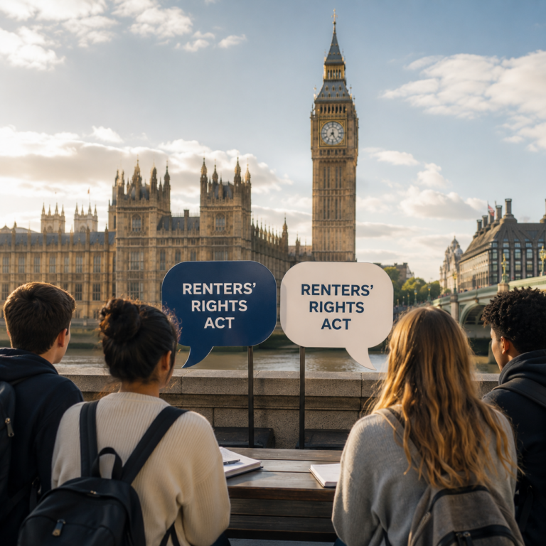 Students discuss the Renters’ Rights Act outside the Palace of Westminster in London.