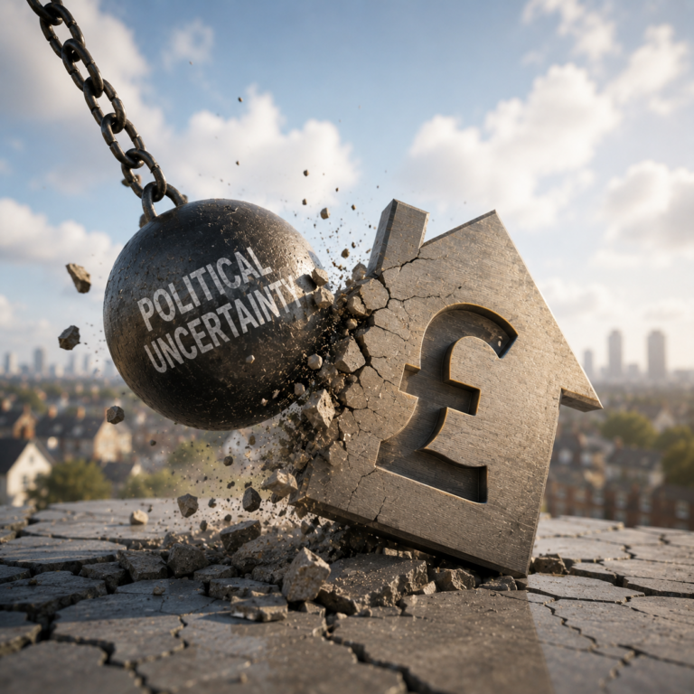 House prices fall as political uncertainty hits buyers Political uncertainty wrecking UK house price growth, shown by a wrecking ball striking a pound symbol house icon.