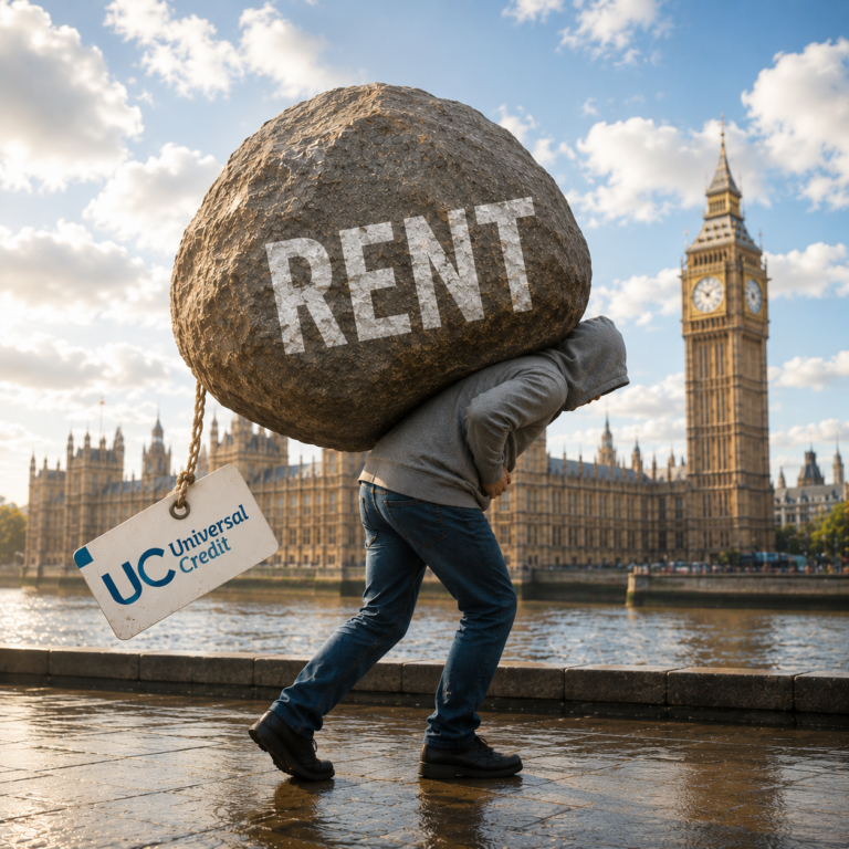 Tenant carrying a heavy rent burden beside the Houses of Parliament, illustrating Universal Credit rent payment responsibility.