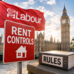Labour rent controls sign outside the Palace of Westminster, illustrating Greater Manchester housing policy proposals.