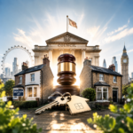 Gavel, council building and homes illustrating proposed council powers over short-term lets and second homes in the UK.