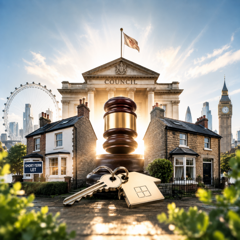 Gavel, council building and homes illustrating proposed council powers over short-term lets and second homes in the UK.