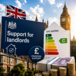 Government support for landlords meeting EPC C targets, with EPC rating graphic, financial support symbol and UK Parliament backdrop.