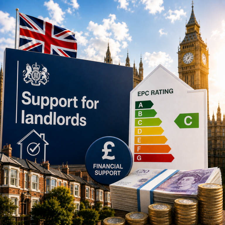 Government support for landlords meeting EPC C targets, with EPC rating graphic, financial support symbol and UK Parliament backdrop.
