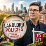 Magnifying glass highlighting Andy Burnham’s landlord policies beside a To Let sign and housing backdrop.