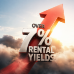 Regional rental yields exceed 7% with upward arrow illustrating growth in UK buy-to-let returns