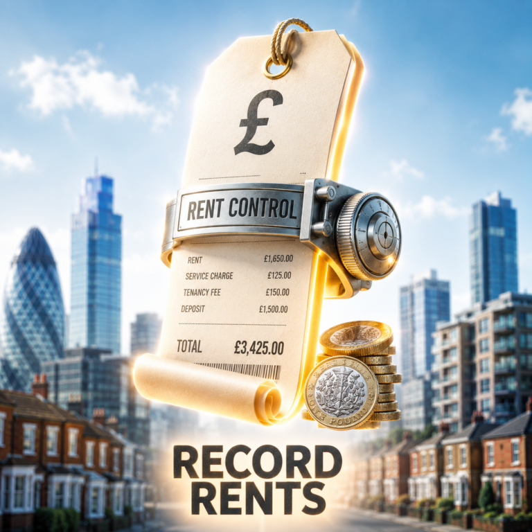 Rent control price tag with pound symbol and London skyline illustrating rising UK rents and housing affordability.