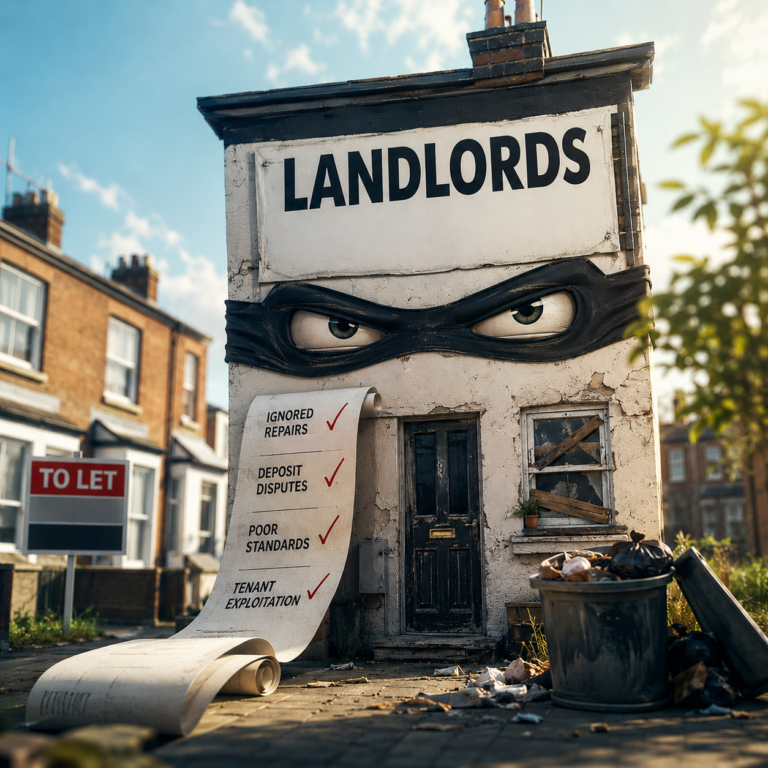 Illustration of a neglected rental property highlighting landlord complaints and the proposed PRS Ombudsman reforms.