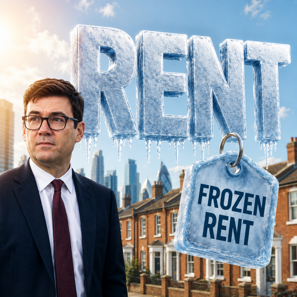 Frozen rent concept graphic with icy lettering, frozen rent tag and UK housing background illustrating proposed rent freeze measures.
