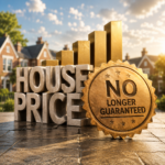 House price growth graphic showing rising property values and a guarantee seal, illustrating UK home price trends over five years.