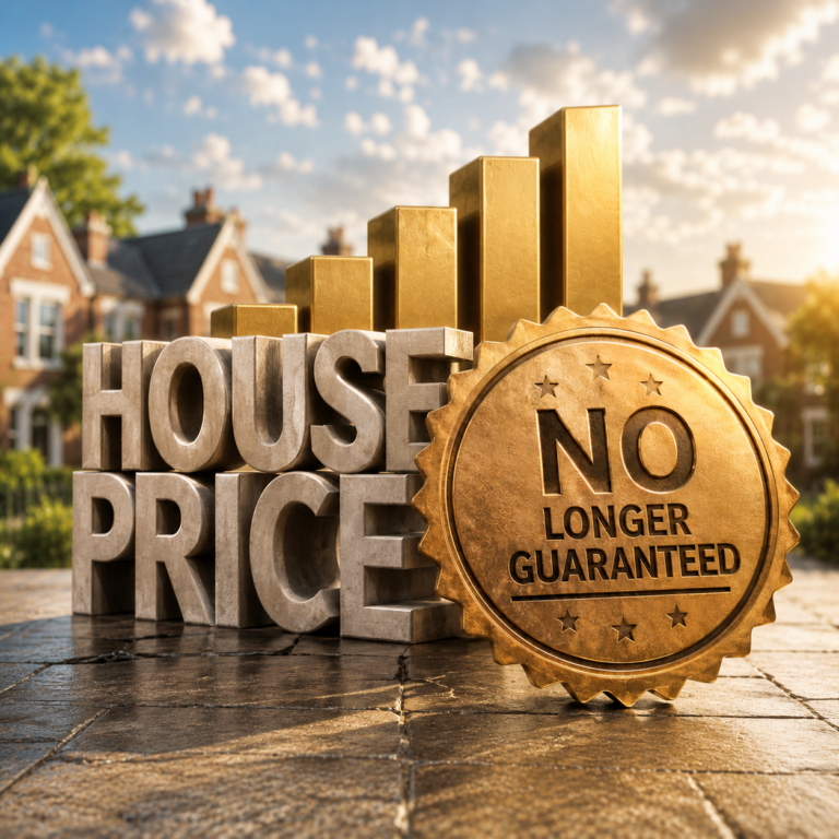 House price growth graphic showing rising property values and a guarantee seal, illustrating UK home price trends over five years.