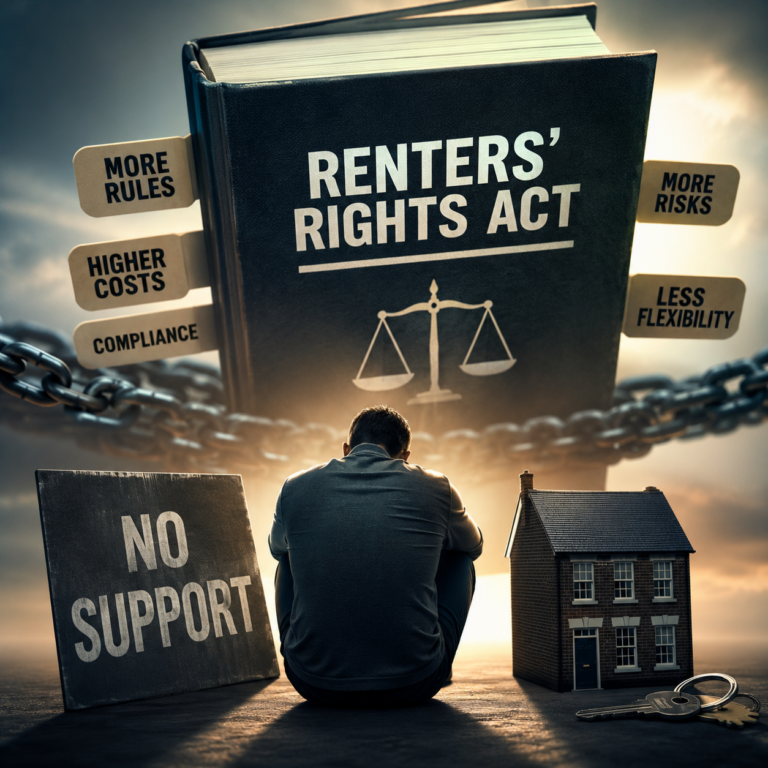 Landlord facing Renters' Rights Act changes with legal book, house model and symbols of rising costs and compliance
