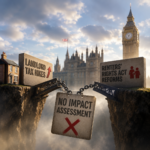 Illustration showing landlord tax hikes and Renters’ Rights Act reforms with no combined government impact assessment.