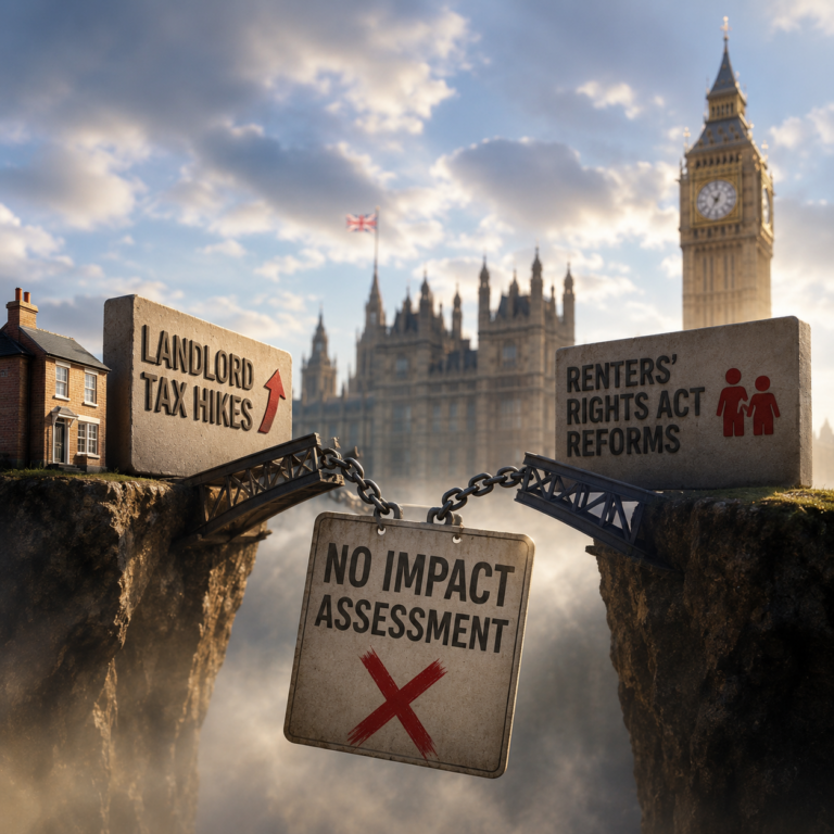 Illustration showing landlord tax hikes and Renters’ Rights Act reforms with no combined government impact assessment.