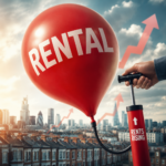 Red balloon labelled “RENTAL” being inflated over a UK city skyline, illustrating rising UK rental prices and slowing rent growth.