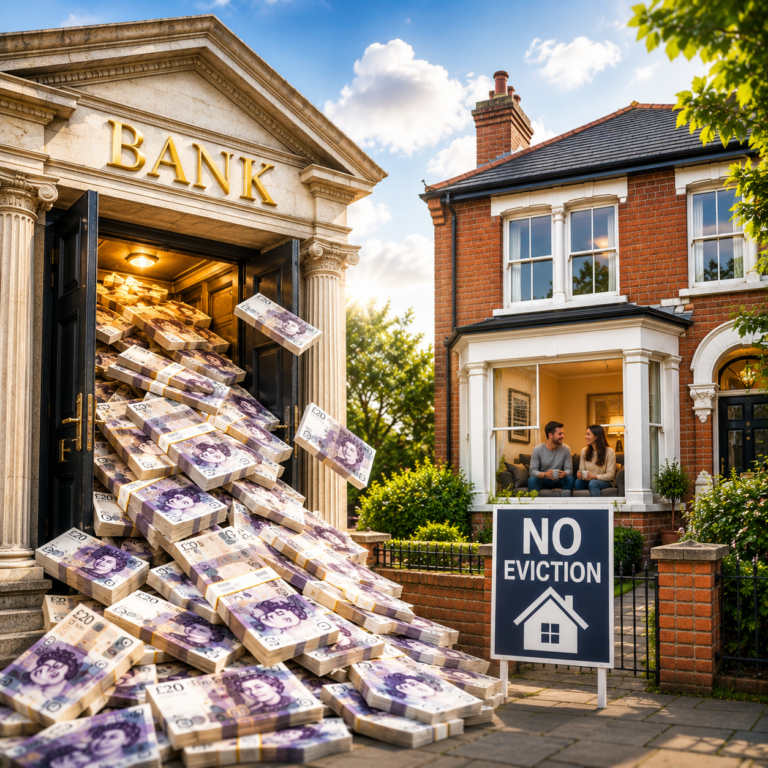 Landlord selling a tenanted property without eviction, symbolised by cash leaving a bank and tenants remaining in their home.
