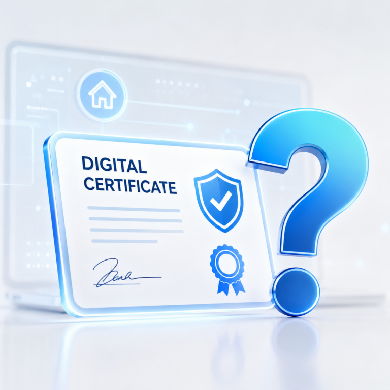 Digital certificate with security shield and question mark illustrating challenges uploading landlord safety certificates online.