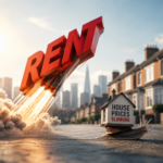 Rocket-shaped "RENT" graphic beside a house marked "House Prices Slowing", illustrating rising UK rents and slower house price growth.