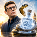Illustration of rent freeze uncertainty with a coiled snake around a "Rent Freeze" bottle beside the London skyline