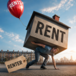 Renter struggling under oversized house labelled “RENT” with balloon illustrating soaring rents since the 1988 Housing Act.