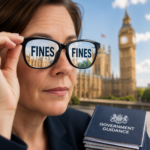 Person holding government guidance with Parliament reflected in glasses highlighting new £7,000 landlord fines for housing hazards.