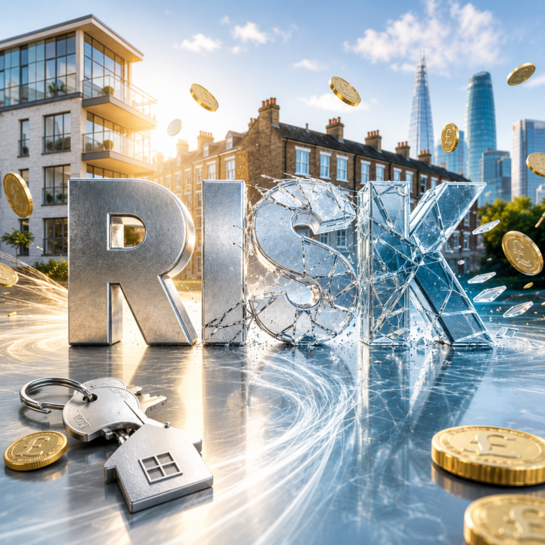 Leasehold reform concept with “RISK” text, property keys and London skyline illustrating investor uncertainty over commonhold and RTM.