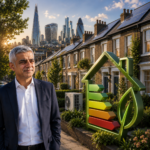 Sadiq Khan alongside energy-efficient London homes with solar panels and heat pumps highlighting new retrofit funding