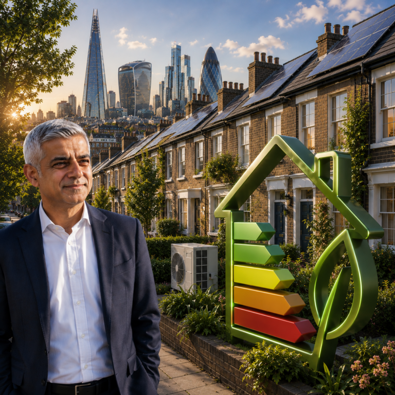 Sadiq Khan alongside energy-efficient London homes with solar panels and heat pumps highlighting new retrofit funding