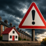 Warning sign and model house symbolising landlords leaving the UK private rented sector amid policy changes.