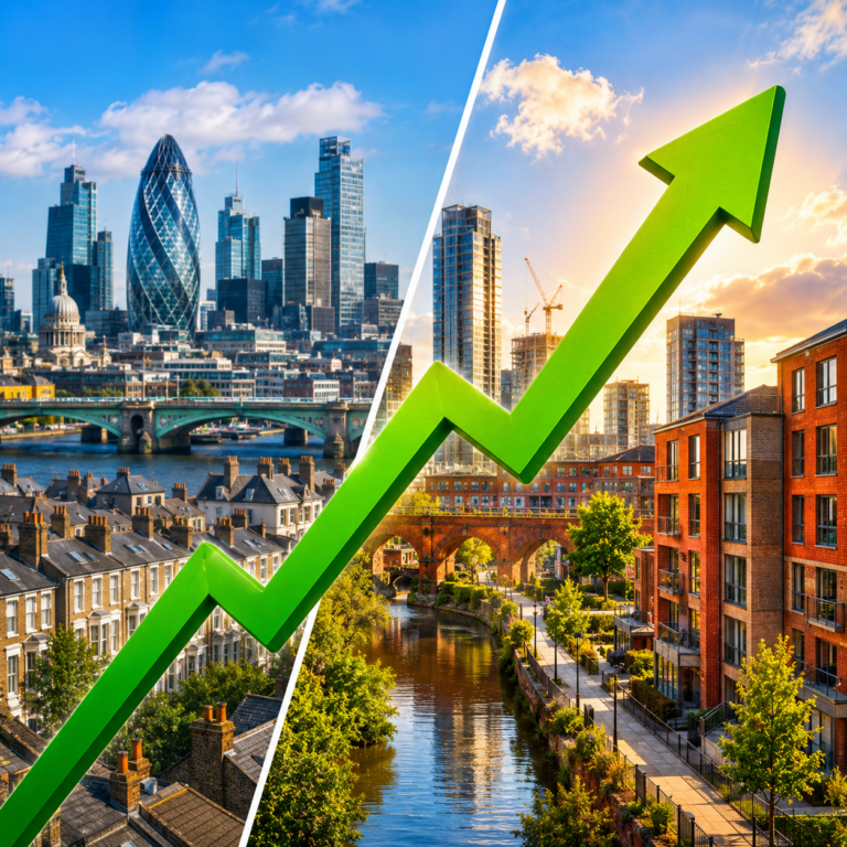 Manchester and London skylines with rising property market graph illustrating stronger house price growth in Greater Manchester.